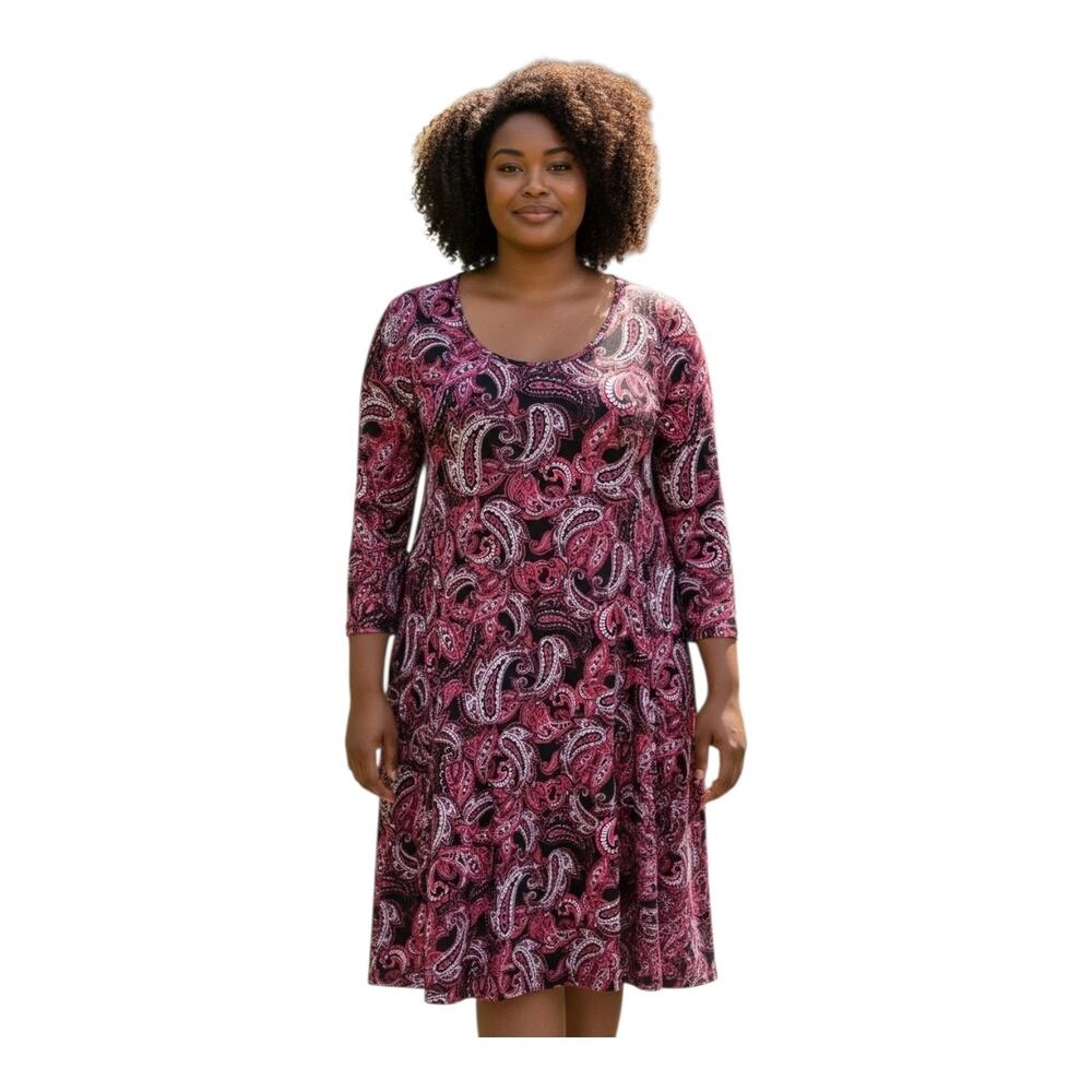 ELLOS Women's Plus 18 20 Dress Shift Paisley Burgundy Blue White 3/4 Sleeve 46"